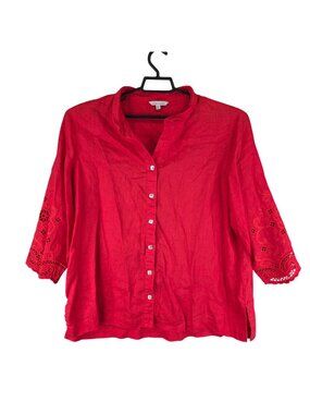 Womens John Mark Red Linen Button Up Blouse Embroidered 3/4 Sleeves Size 1X